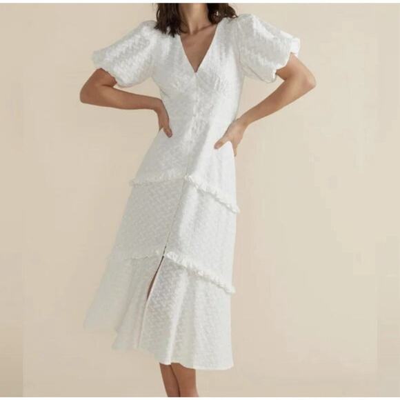 MINKPINK Dress Size Small White MEDA Midi Button Front V Neck REVOLVE NEW 2 4 - Picture 1 of 16